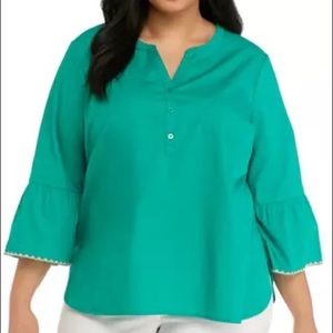 Kim Rogers Curvy Green Plus Size Bell Sleeve Button Top Size 2X